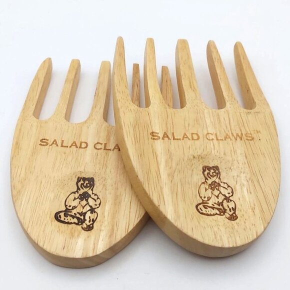 Wooden Salad Claws Handheld Serving Set Tosser With Bear Design - Picture 1 of 6